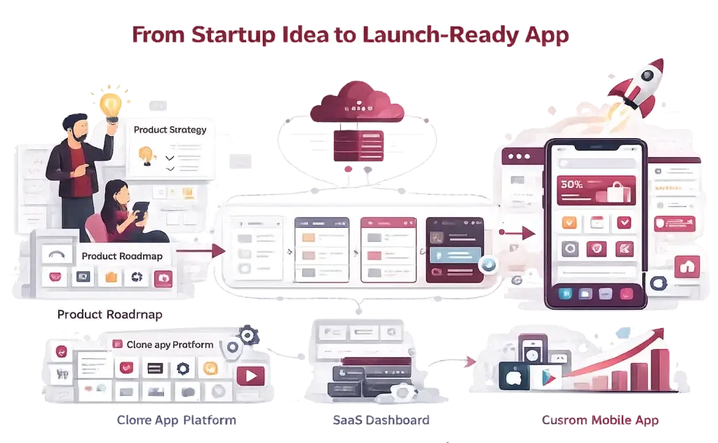 How to Turn Your Startup Idea Into a Mobile App 1 Startup product roadmap infographic showing app strategy, SaaS dashboard, clone app platform, AI automation, deployment, and mobile app launch process.
