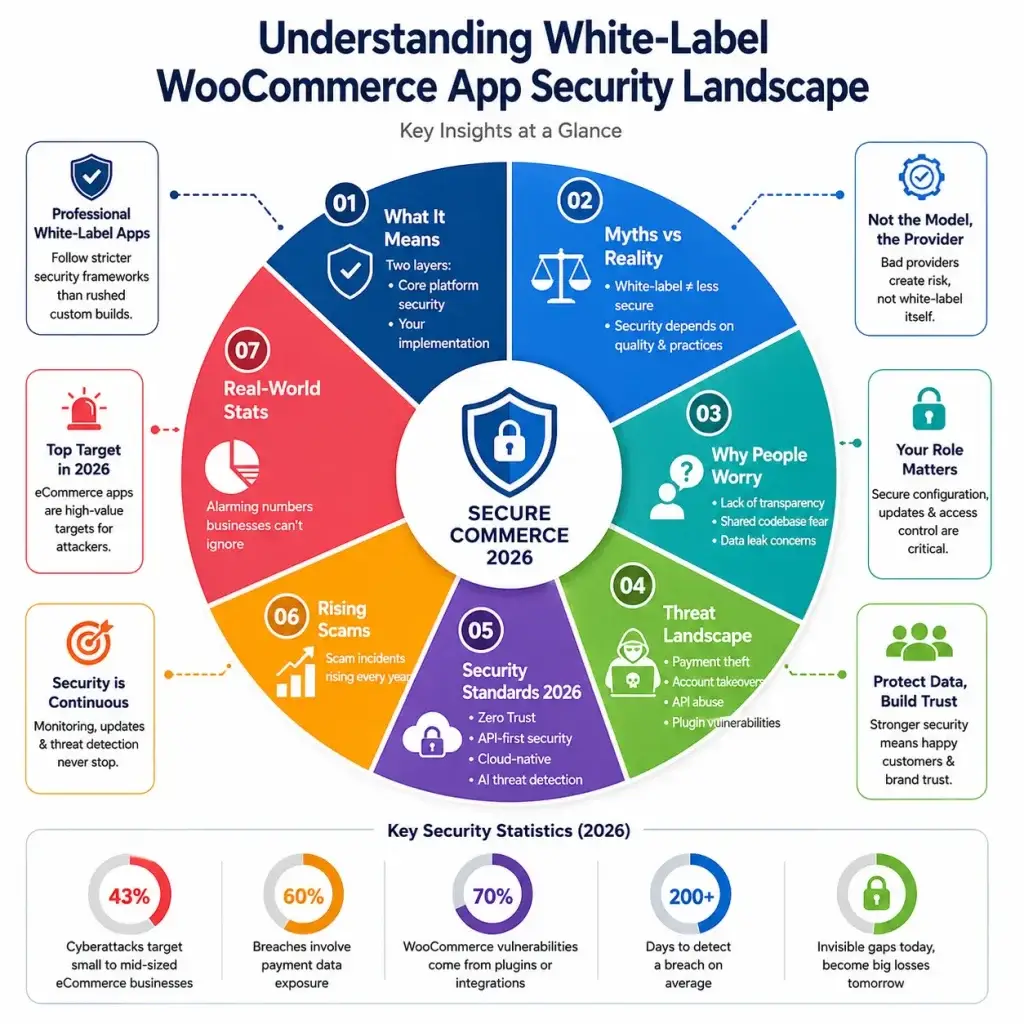 How Safe is a White-Label WooCommerce App? Security Guide 2026 1 Infographic explaining the white-label WooCommerce app security landscape with myths, risks, security standards, threat landscape, scams, and key security statistics.