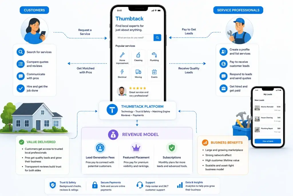 Business Model of Thumbtack : Revenue, and Key Features 1 Thumbtack marketplace platform workflow showing customers, service professionals, lead generation fees, subscriptions, and service matching system