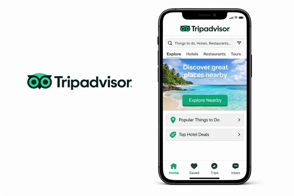 Tripadvisor mobile app showing explore section with nearby attractions and hotel deals.