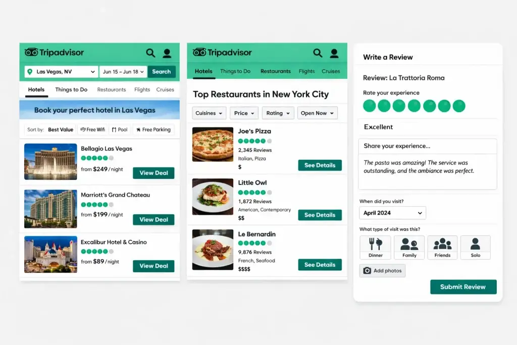 What Is TripAdvisor and How Does It Work? 1 Tripadvisor interface showing hotel listings, restaurant reviews, and user review submission form
