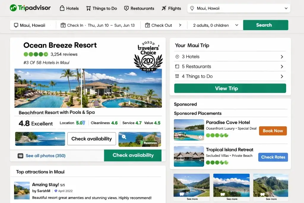 What Is TripAdvisor and How Does It Work? 2 Tripadvisor hotel listing showing Ocean Breeze Resort in Maui with ratings, reviews, and booking options