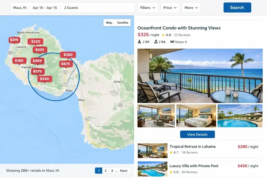 What Is Vrbo and How Does It Work? 2 Vrbo vacation rental map search showing Maui listings with prices and oceanfront condo details