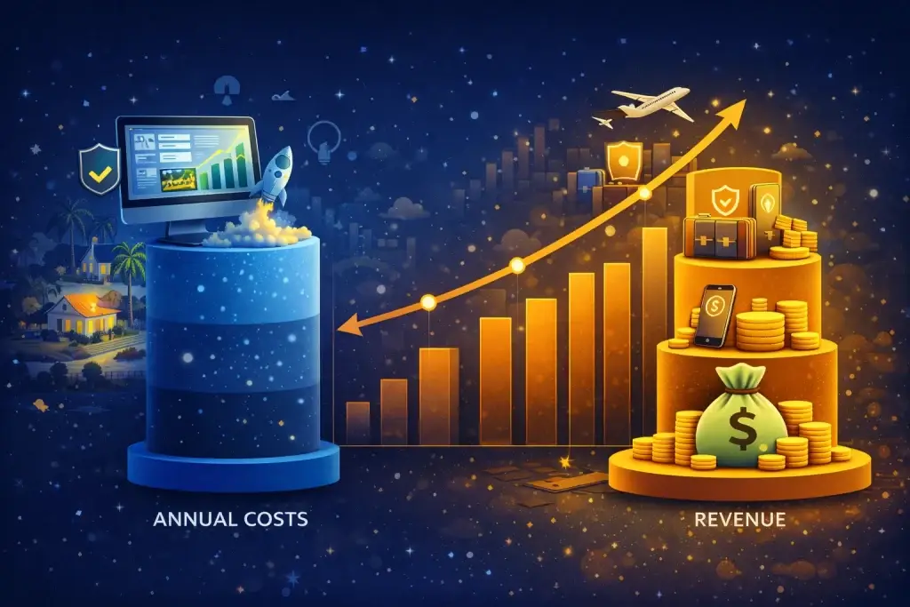 Illustration showing a vacation rental marketplace ecosystem with homes, travel booking interface, and financial growth elements.
