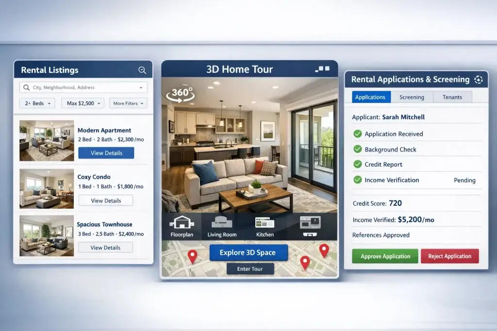 What Is Zillow Rentals and How Does It Work? 2 Zillow Rentals platform showing rental listings, 3D home tour, and tenant application screening
