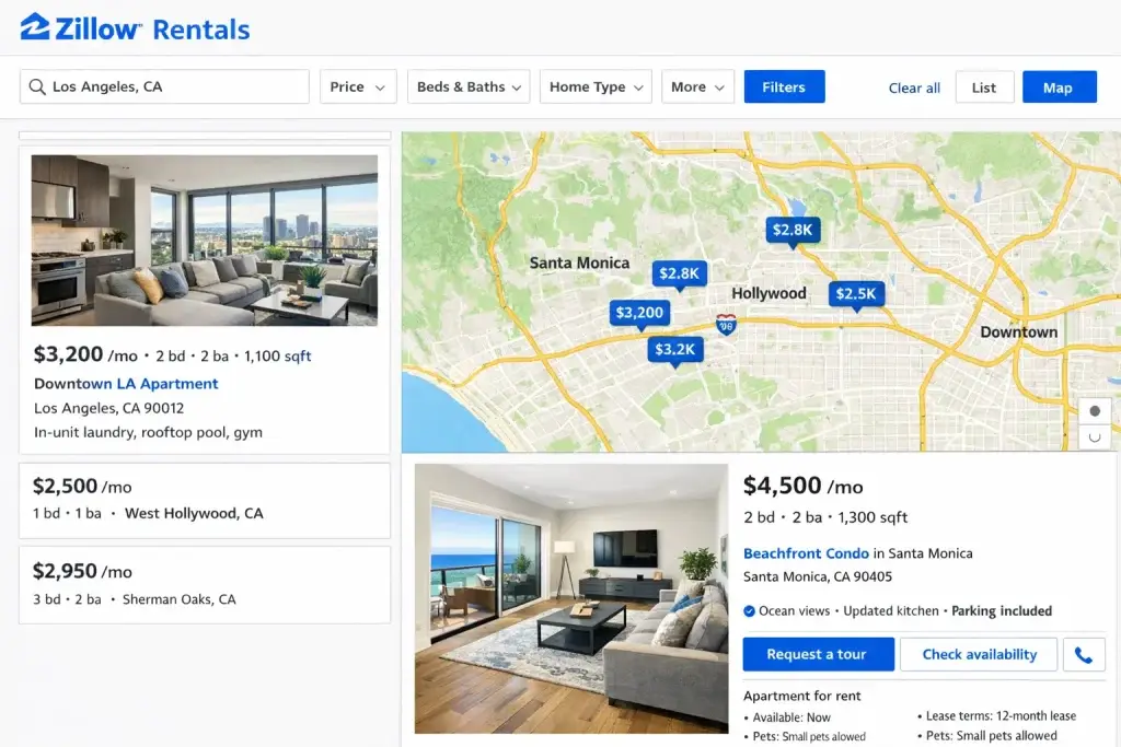 What Is Zillow Rentals and How Does It Work? 1 Zillow Rentals map search showing apartment listings and rental prices across Los Angeles