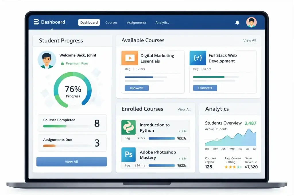 EdTech App Development Guide: How to Build a Scalable and Engaging Learning Platform 1 Dashboard mockup of an EdTech app showing student progress courses and analytics