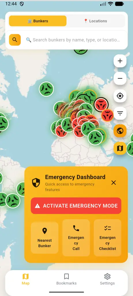 Why We Built DeBunkered: Applying Startup Agility to Humanitarian Needs 3 DeBunkered app emergency dashboard showing bunker map with activate emergency mode and nearest bunker options