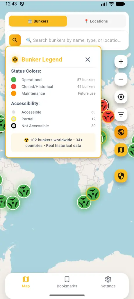 Why We Built DeBunkered: Applying Startup Agility to Humanitarian Needs 2 DeBunkered app bunker map showing global emergency shelters with status legend and accessibility filters