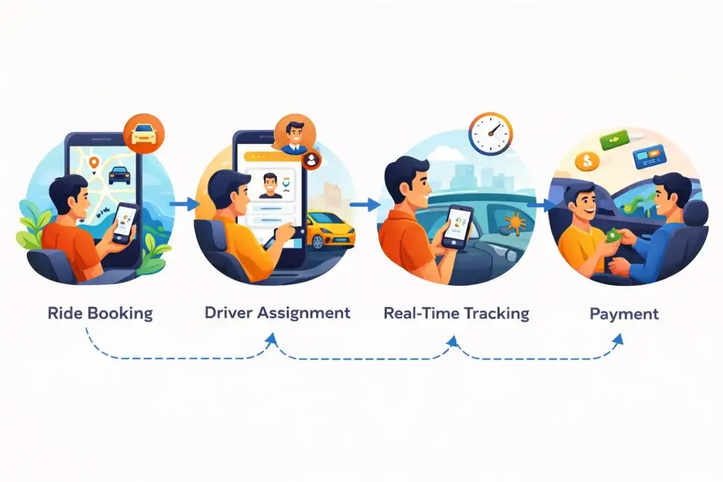 Ride Hailing App Development Guide: Features, Cost, Process & Business Insights 2 Step by step visual flow of ride booking driver assignment tracking and paymen
