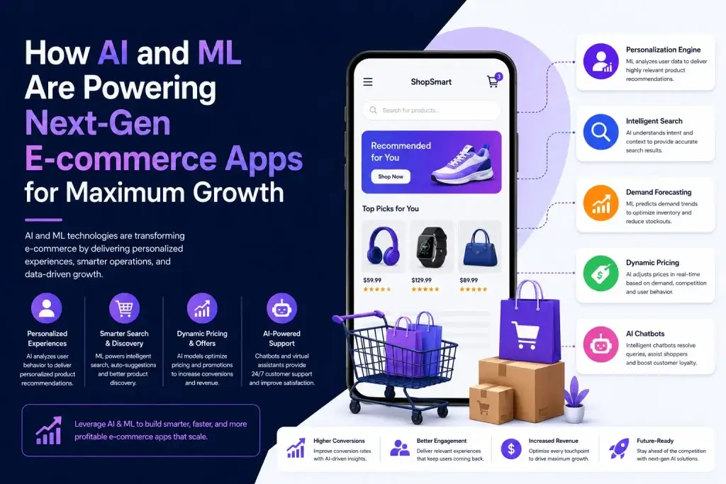 AI and machine learning powered ecommerce app infographic showing personalization, intelligent search, dynamic pricing, demand forecasting, and AI chatbot features