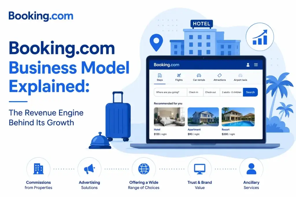 Infographic explaining the Booking.com business model with hotel booking platform revenue streams, commissions, advertising solutions, and travel marketplace growth strategy.