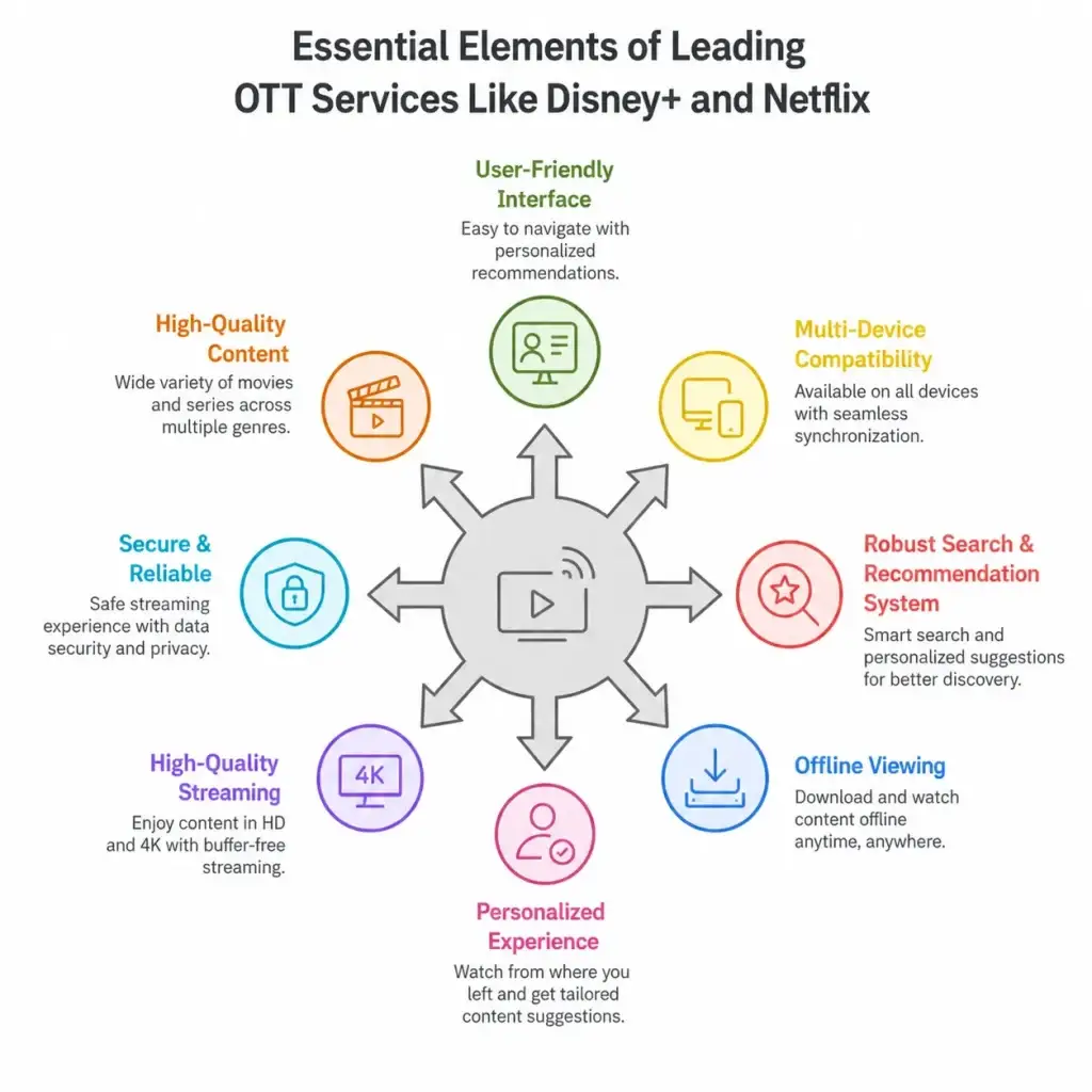 Comprehensive Guide to Custom OTT App Development 1 OTT platform features showing user-friendly interface, high-quality content, multi-device compatibility, personalization, streaming quality, and offline viewing