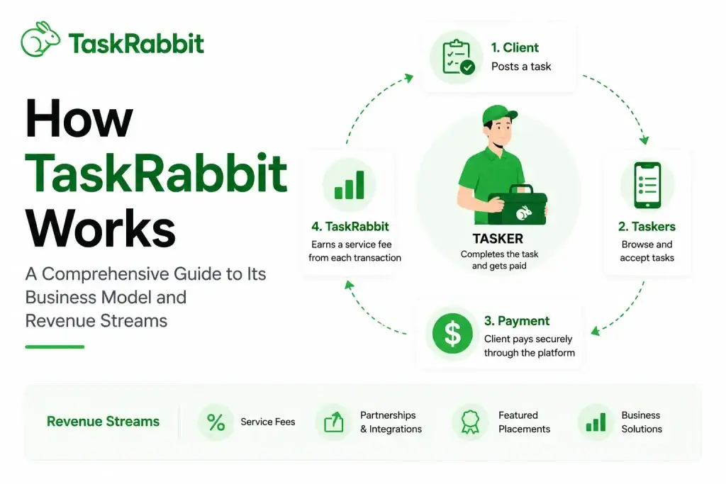Infographic explaining how TaskRabbit works, including task posting, tasker matching, secure payments, and platform revenue streams.