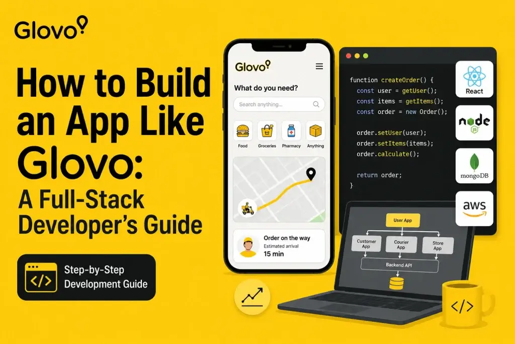 Glovo app development infographic showing full-stack architecture, delivery app interface, backend technologies, and scalable app development workflow.