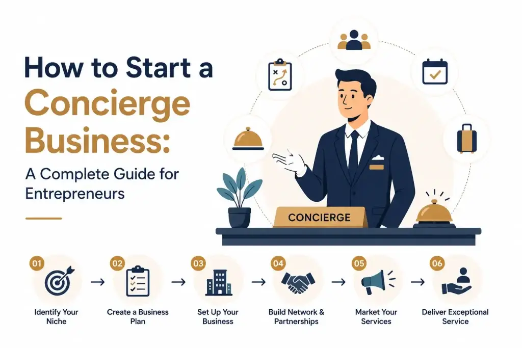Infographic explaining how to start a concierge business with steps including niche selection, business planning, partnerships, marketing, and customer service.
