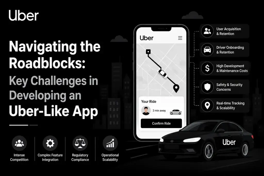 Uber-like app development challenges infographic showing ride-booking interface, scalability, security, driver onboarding, and operational complexities.