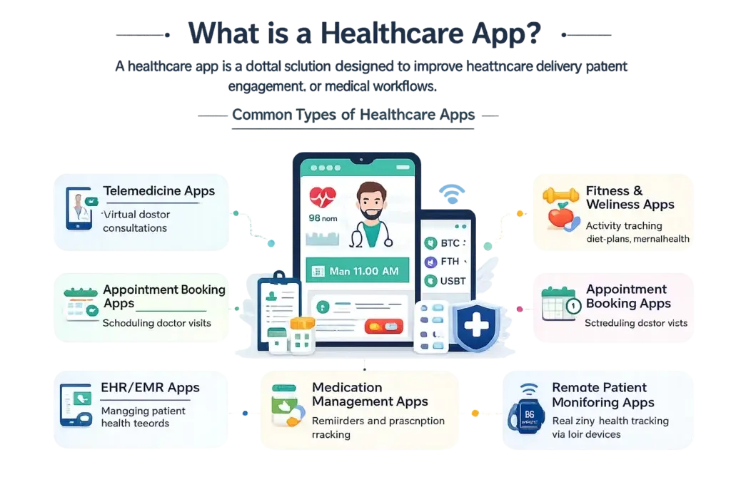 Healthcare App Development Guide for Entrepreneurs 1 Healthcare app overview showing telemedicine, appointment booking, EHR EMR, medication management, fitness wellness, and remote patient monitoring apps