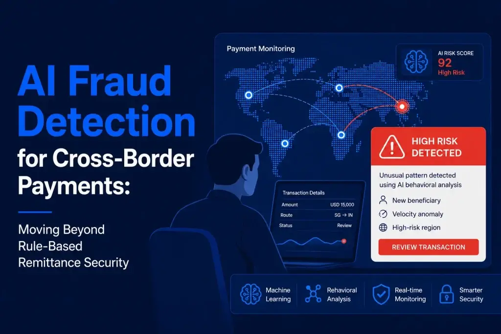 Dark-themed AI fraud detection dashboard monitoring suspicious cross-border payments with transaction risk alerts, behavioral analysis, and real-time monitoring tools.