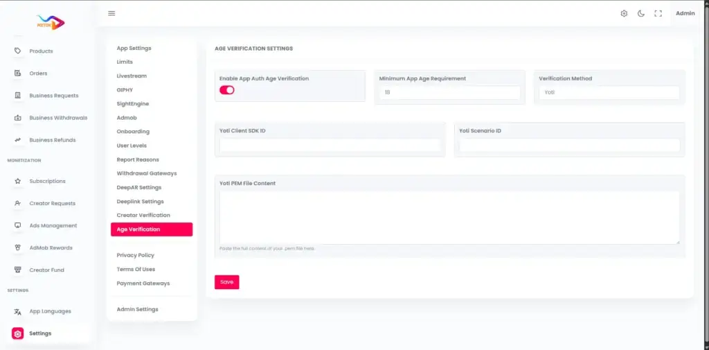 TikTok Clone 47 Admin Age verification panel