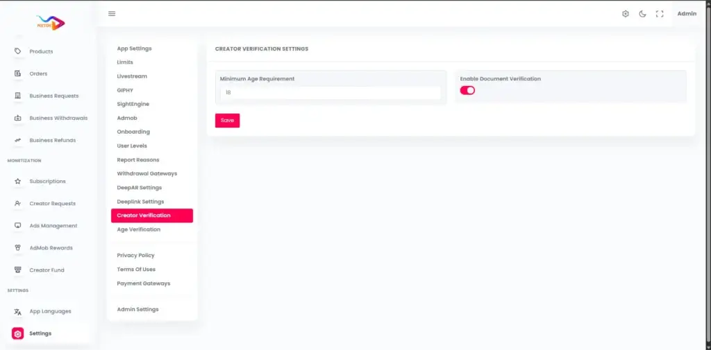 TikTok Clone 46 Admin Creator verification settings