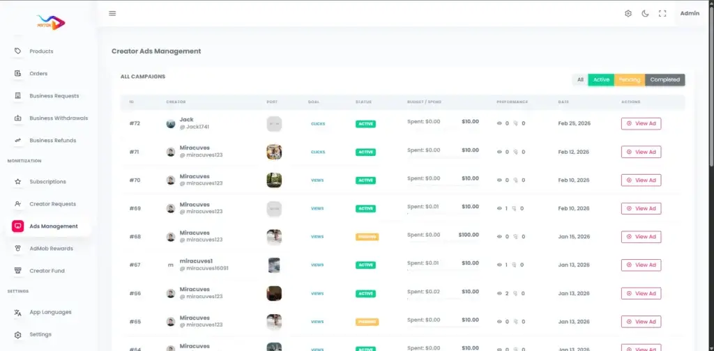 TikTok Clone 42 AdminCreatorsAdsManagement