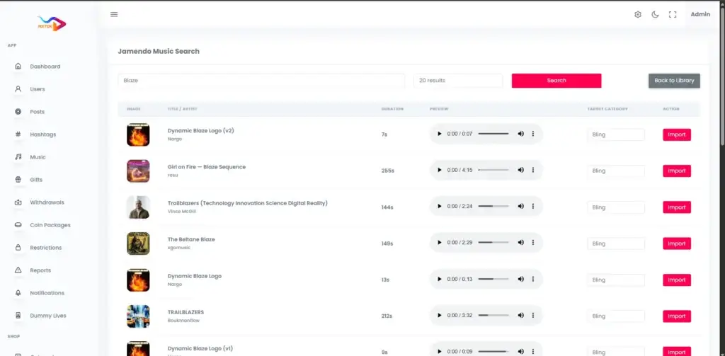 TikTok Clone 40 AdminJamendoMusicSearch