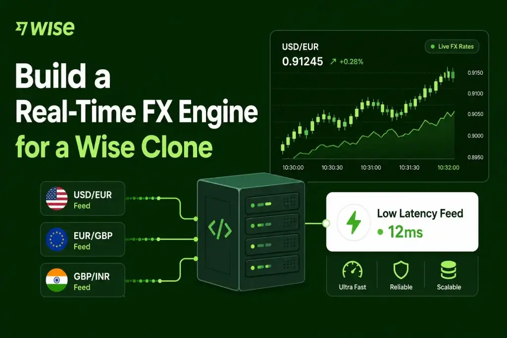 Fintech infographic showing a real-time foreign exchange engine for a Wise clone app with live currency feeds, low-latency infrastructure, and scalable FX rate processing.
