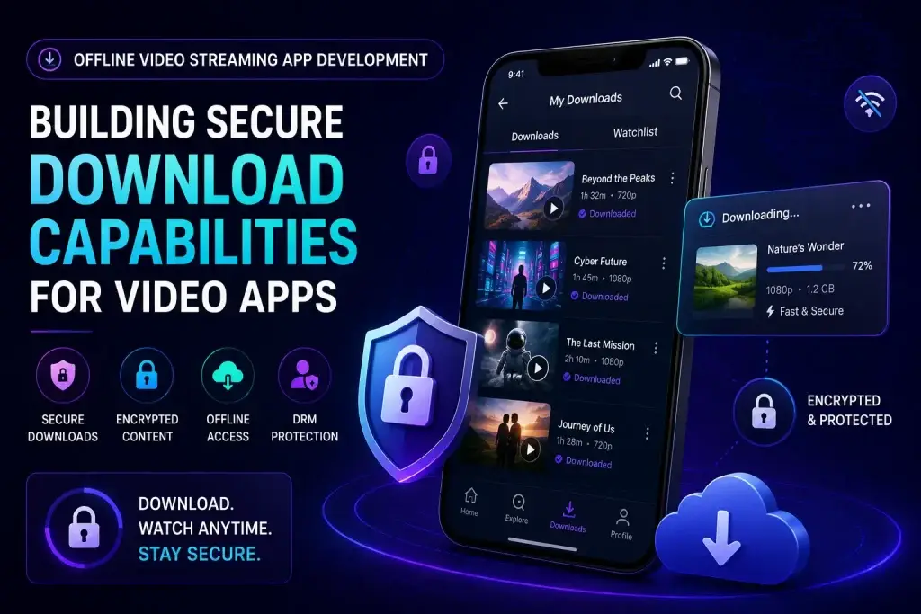 Secure offline video streaming app development illustration showing encrypted video downloads, DRM protection, offline access, and protected streaming downloads.