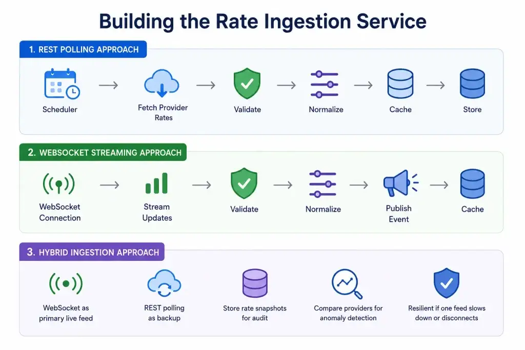How to Build a Real-Time FX Engine for a Wise Clone With Low-Latency Exchange Rate Feeds 1 Infographic showing three approaches for building a real-time FX rate ingestion service using REST polling, WebSocket streaming, and hybrid ingestion architecture.