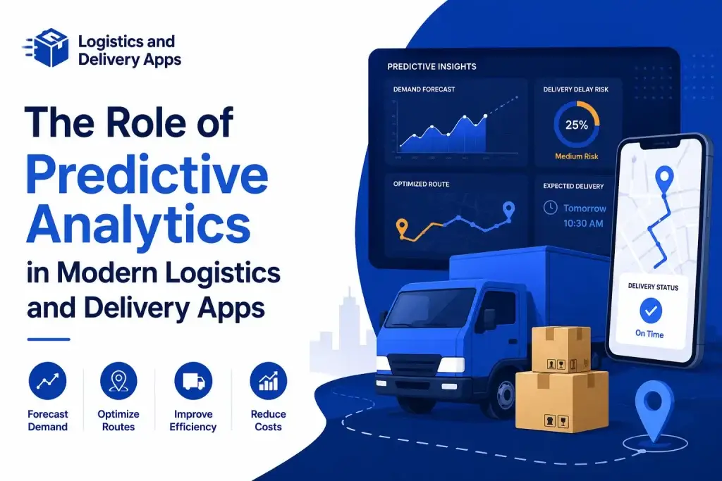 Predictive analytics in logistics and delivery apps showing demand forecasting, route optimization, delivery tracking, ETA prediction, and operational efficiency dashboards