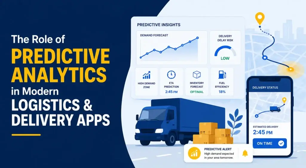 Predictive analytics in logistics and delivery apps showing demand forecasting, route optimization, delivery tracking, ETA prediction, and operational efficiency dashboards
