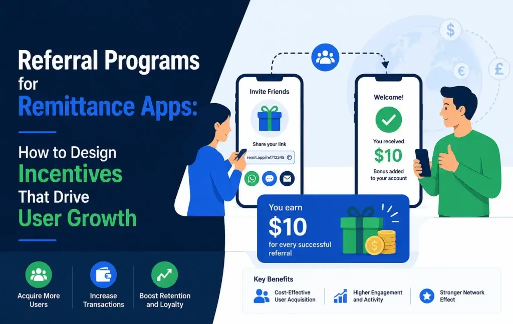 Referral program for remittance apps showing invite rewards, referral bonuses, fintech user acquisition, wallet incentives, and customer growth strategy