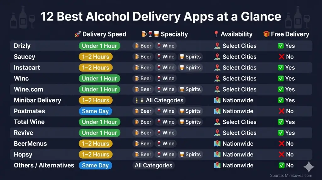 12 Best Alcohol Delivery Apps: Home Liquor & Beer 1 Comparison chart of the best alcohol delivery apps showing delivery speed, beverage specialties, availability, and free delivery options