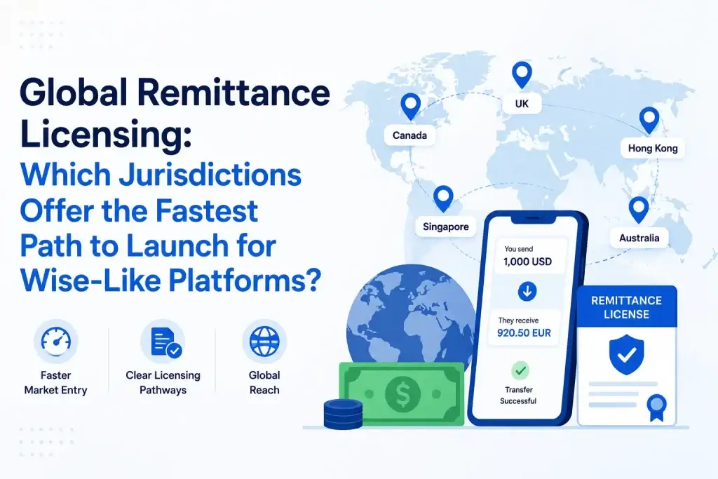 Infographic about global remittance licensing and the fastest jurisdictions for launching Wise-like money transfer platforms internationally.