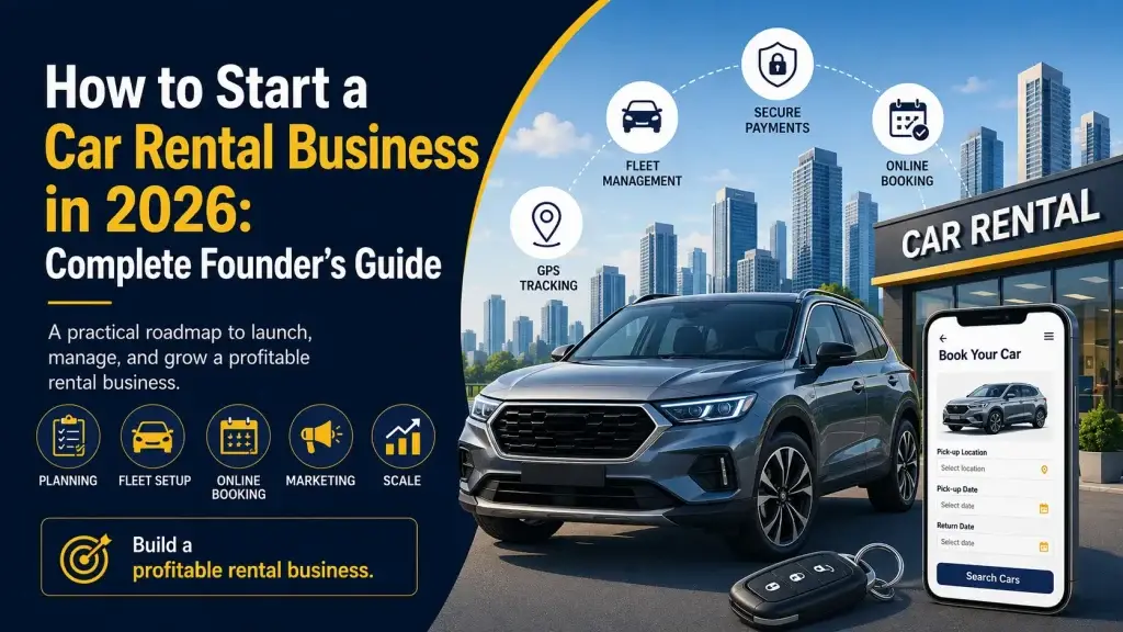Car rental business guide showing fleet management, GPS tracking, secure payments, online booking, mobile rental app, and rental business growth planning.