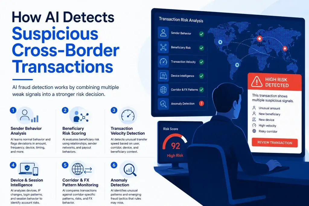 AI Fraud Detection for Cross-Border Payments: Moving Beyond Rule-Based Remittance Security 1 AI-powered fraud detection dashboard analyzing suspicious cross-border payment transactions using behavioral analysis, transaction velocity, device intelligence, and anomaly detection.
