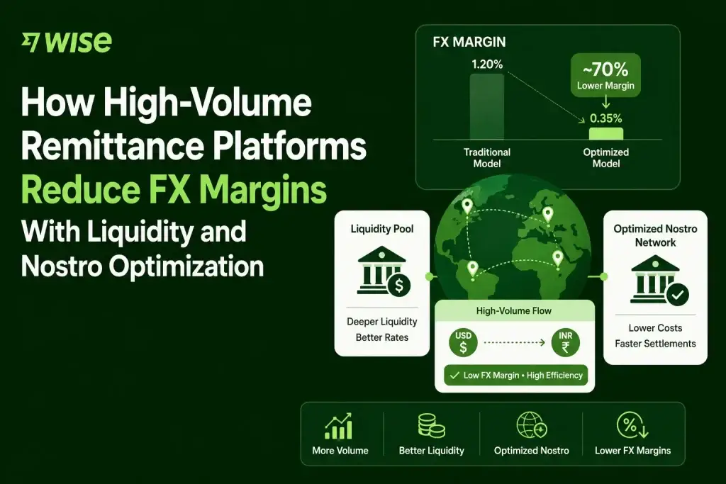 Fintech infographic showing how high-volume remittance platforms reduce FX margins using liquidity pools, optimized nostro networks, and scalable settlement infrastructure.