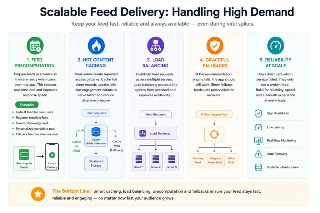 How Short-Form Video Algorithms Work: Building a Custom TikTok Feed 2 how short-video platforms handle high feed demand using feed precomputation, hot content caching, load balancing, graceful fallback feeds, and scalable reliability measures.