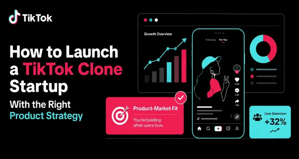 Flat vector illustration showing a TikTok clone startup product strategy with analytics dashboard, mobile app interface, growth chart, and product-market fit alert in TikTok brand colors.