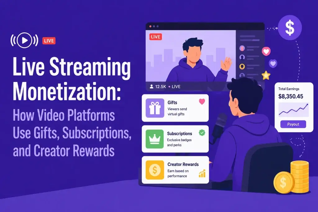 Flat vector illustration of a Live Streaming Monetization for Video Platforms with monetization UI showing gifts, subscriptions, creator rewards, and earnings dashboard.