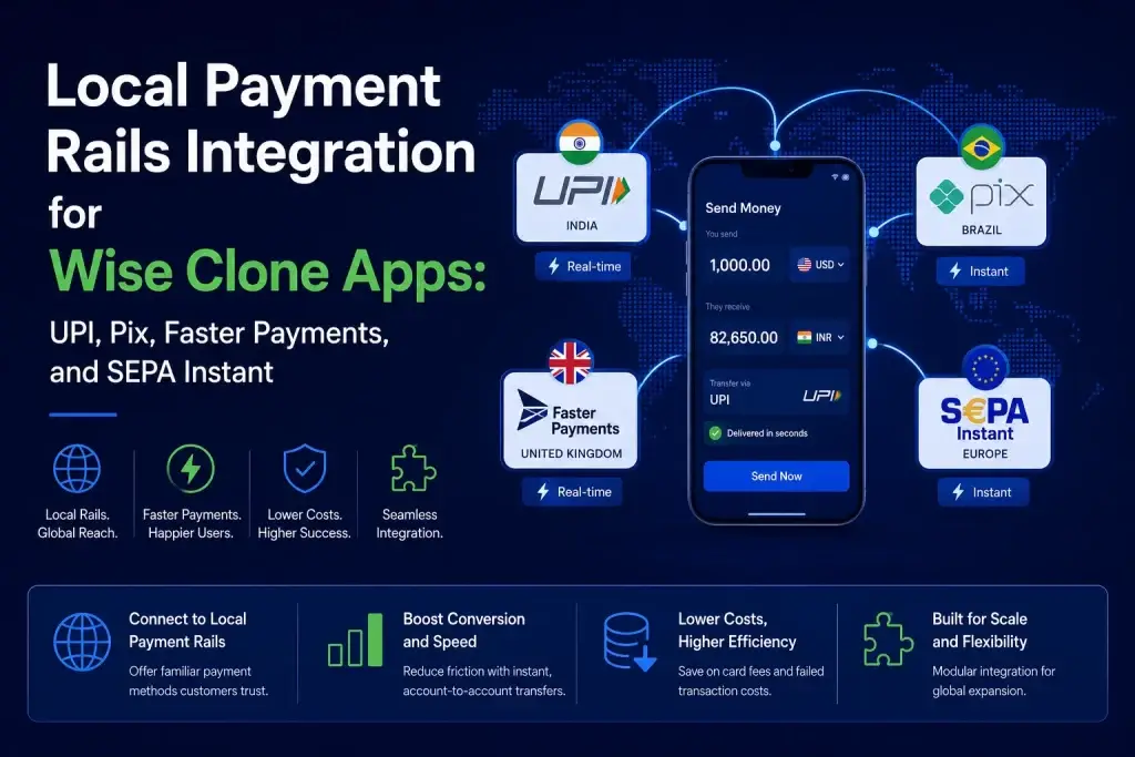 Fintech illustration showing local payment rails integration for Wise clone apps with UPI, Pix, Faster Payments, and SEPA Instant connected through a global money transfer platform.