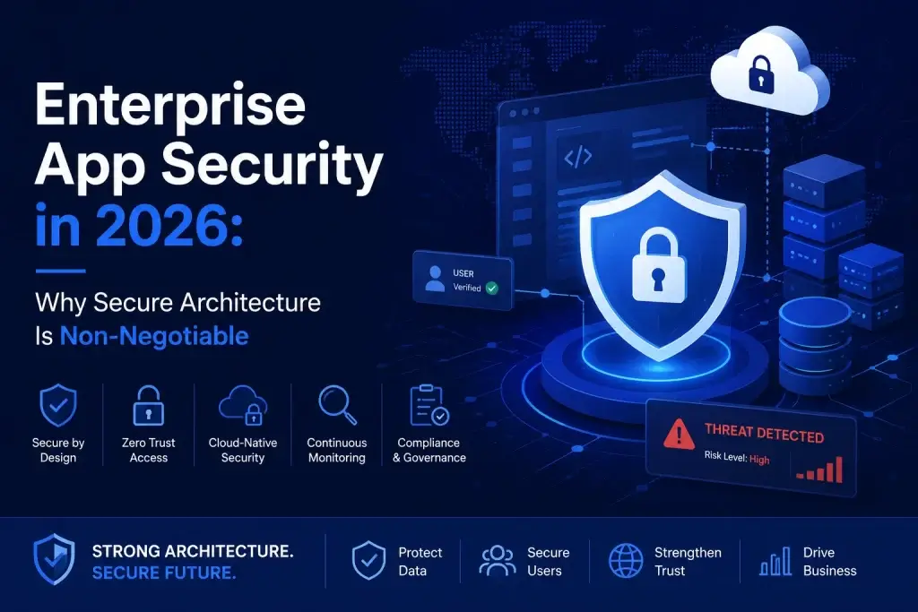 Enterprise application security illustration showing secure architecture layers including cloud security, zero trust access, compliance monitoring, encrypted infrastructure, and threat detection Securing Your App