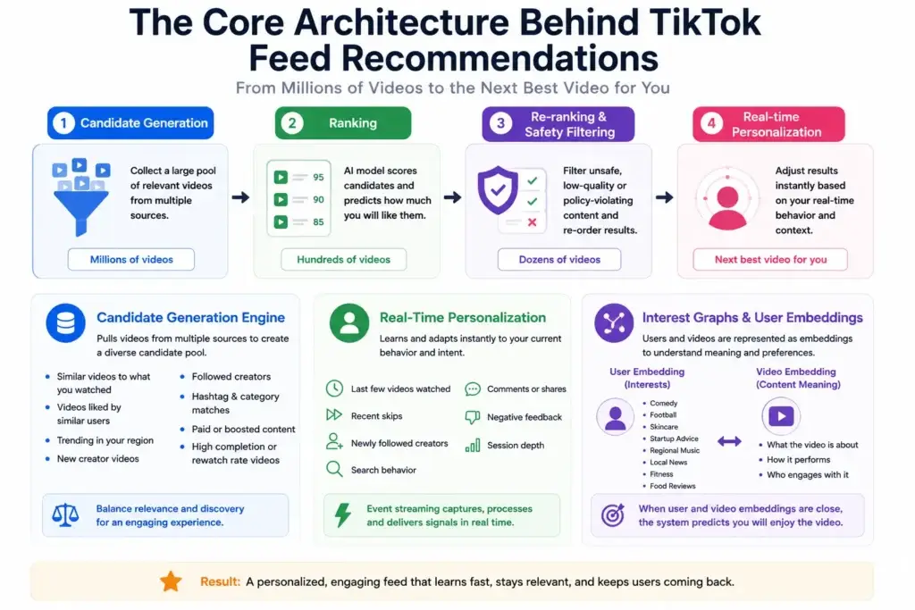 How Short-Form Video Algorithms Work: Building a Custom TikTok Feed 1 Infographic explaining the core architecture behind TikTok-style feed recommendations, showing four stages: candidate generation, ranking, re-ranking and safety filtering, and real-time personalization, supported by user behavior signals and interest embeddings.