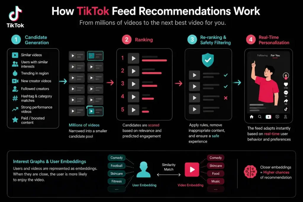 How Short-Form Video Algorithms Work: Building a Custom TikTok Feed 1 Simple infographic explaining how TikTok feed recommendations work using candidate generation, ranking, safety filtering, real-time personalization, and user embeddings in a TikTok clone script.