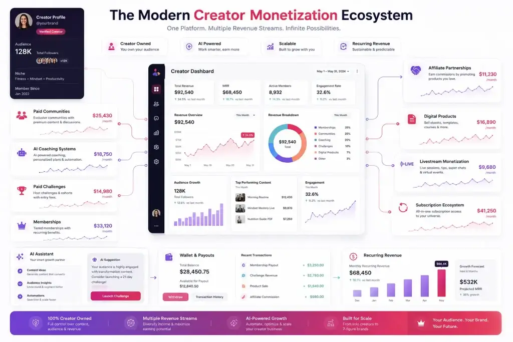 How to Build a Creator Monetization Platform in 2026: Beyond Subscriptions 2 Modern creator monetization ecosystem dashboard showing memberships, paid communities, AI coaching, livestream monetization, affiliate revenue, and creator analytics