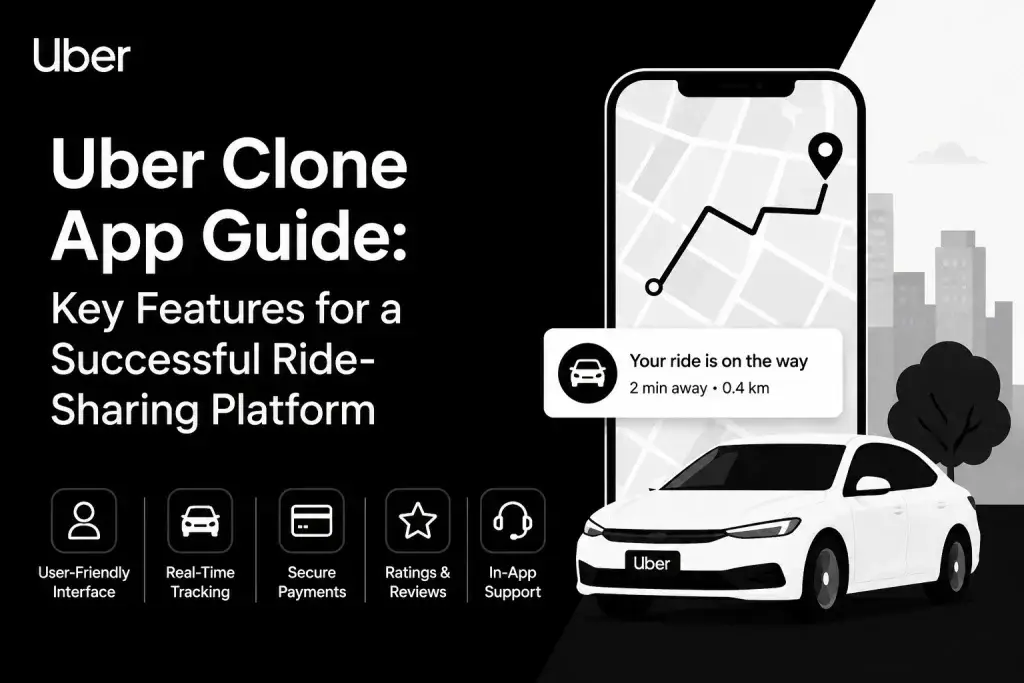 Uber clone app guide showing key features of a modern ride-sharing platform including real-time tracking, secure payments, ratings, and in-app support.