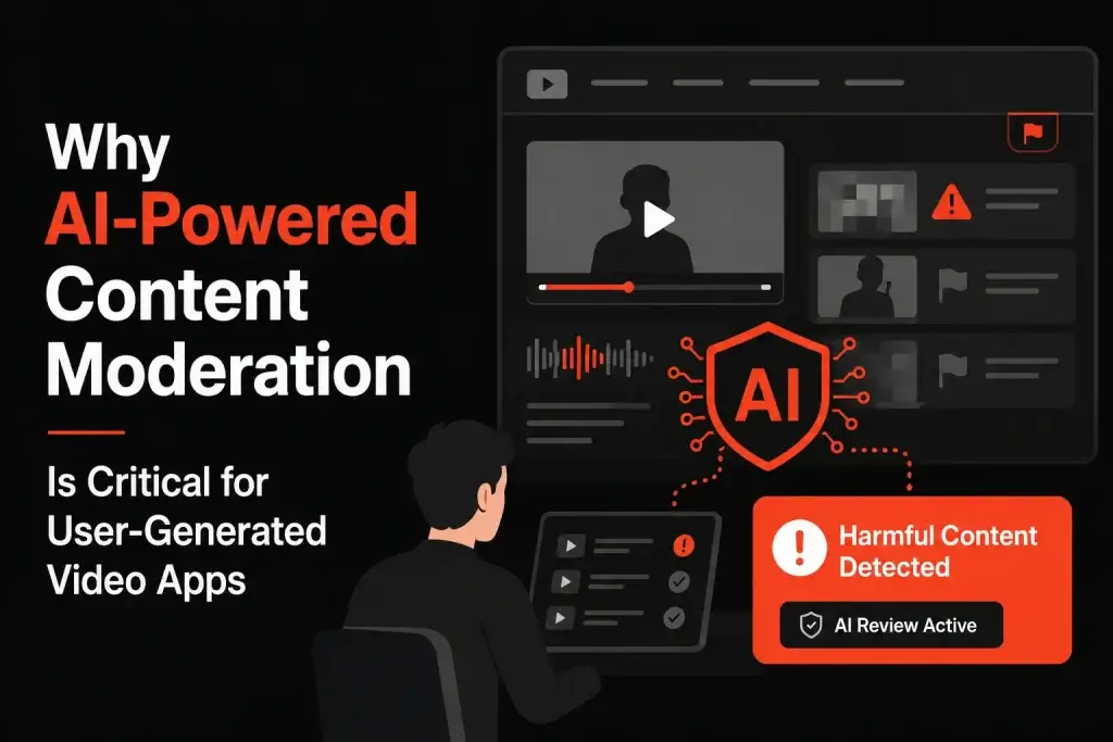 Dark-themed infographic explaining why AI-powered content moderation is essential for user-generated video platforms