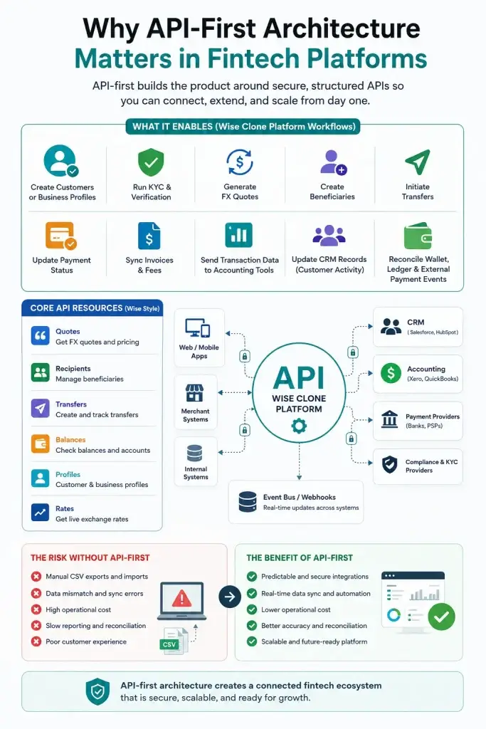 API-First Fintech Architecture: How Wise Clone Platforms Connect With ERP, CRM, and Accounting Tools 1 Infographic explaining why API-first architecture matters in fintech platforms, showing secure APIs connecting Wise clone systems with KYC, transfers, CRM, accounting, and payment workflows.