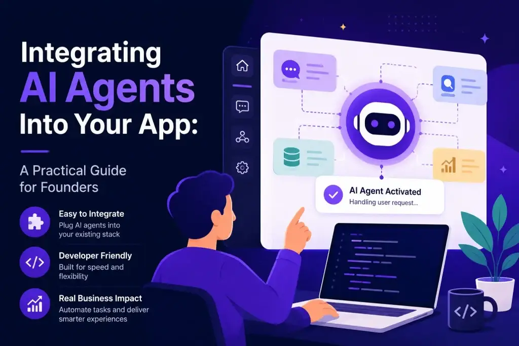 Founder integrating AI agents into an AI App Development for support, recommendations, and workflow automation